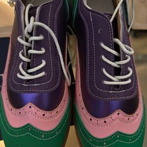 Colorblock Wingtip Flats in Purple, Pink & Green